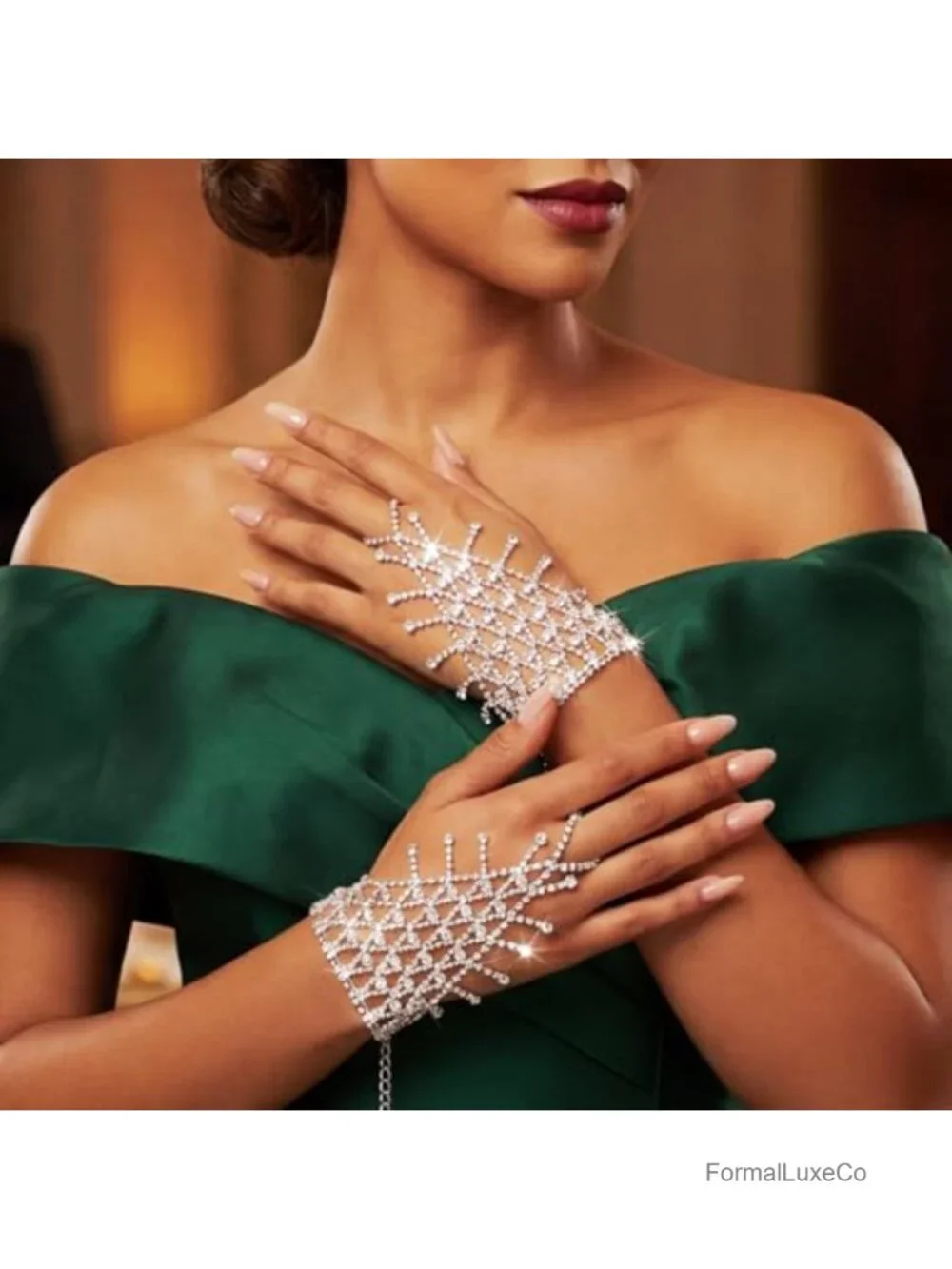 Rhinestone Fingerless Gloves Sparkle Glitter Hand Chain Prom Wedding